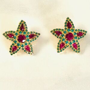 Dorothy Bauer star teal & pink Austrian Crystals clip vintage earrings like new